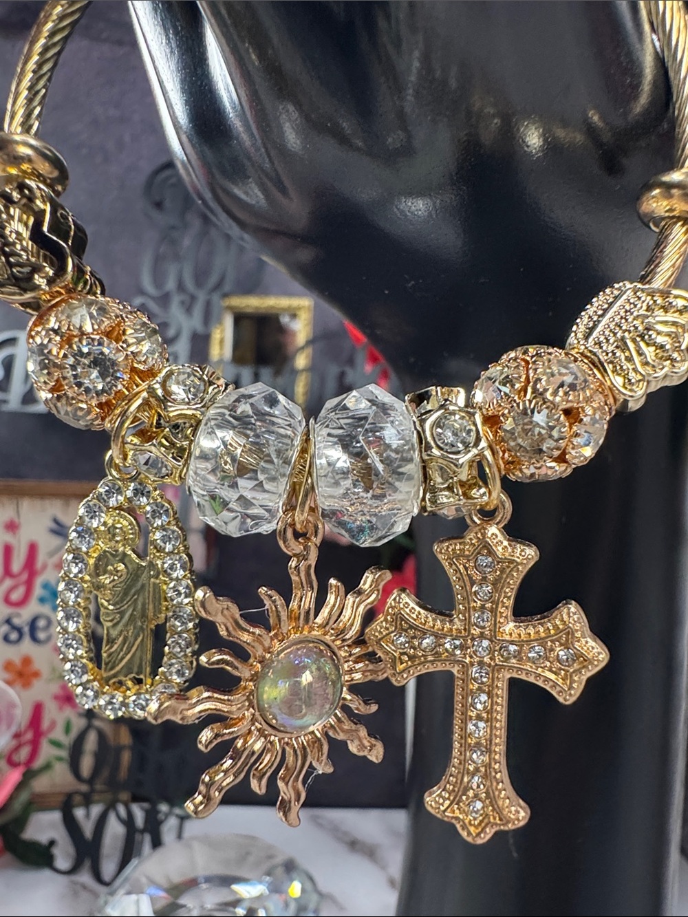 Gold Charm Bracelet with Crystal Beads and Sun & Cross Charms